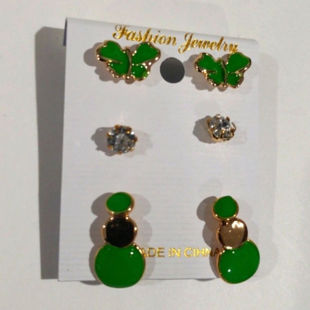 Gold Tone Green Butterfly, Crystal & Geometric Stud Earrings Set Women's Jewelry